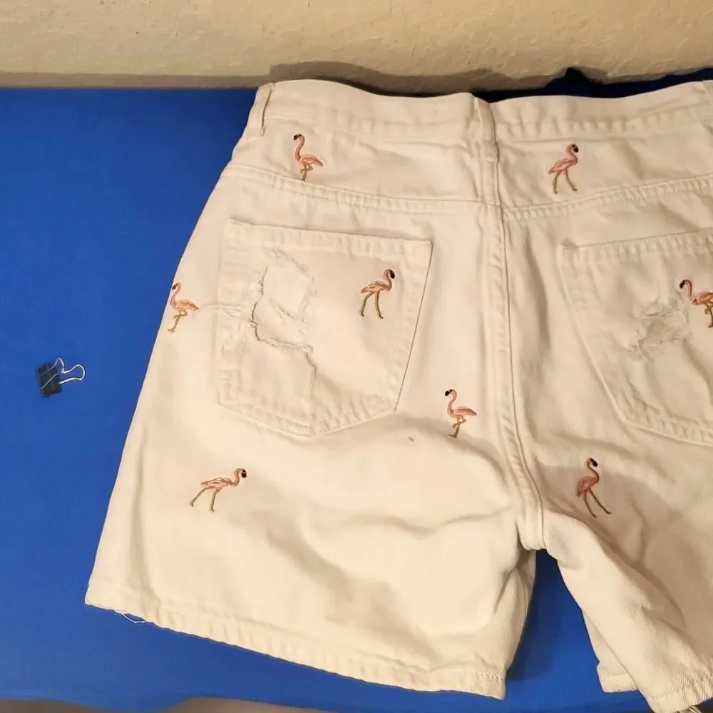 Zara Basic White Flamingo Embroidered Denim Shorts Distressed Jean Size 4